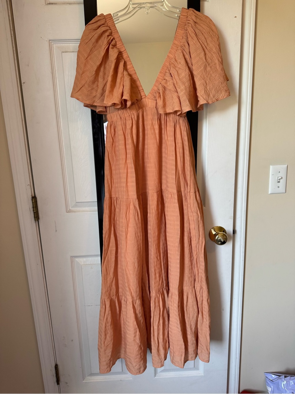 Women's Coral Maxi Dress with Ruffle V-Neck